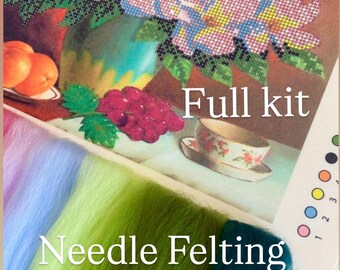 Needle felting Lilies kit,Still life DIY kit for beginners,Colorful wool tapestry kit,Felting supplies for needlework,Print fabric Lilies.