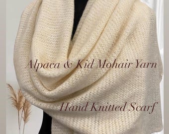 Luxury Hand-Knitted Scarf Kid Mohair, Alpaca, Merino Wool, Silk/ Light White Stole 180*58cm/ Extra Soft Bridal Wrap / Shawl for Gift