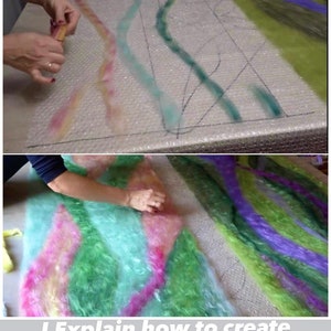 May include: A close-up of a person's hands laying out colorful wool fibers on a white surface with a grid pattern. The fibers are arranged in a wavy pattern. The text "Review of unusual materials and tools" is at the top of the image. The text "I Explain how to create a similar scarf design using wool and fibers" is at the bottom of the image.