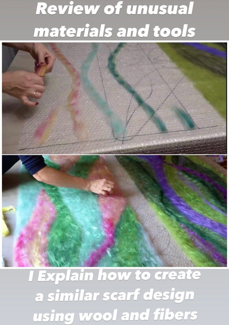 May include: A close-up of a person's hands laying out colorful wool fibers on a white surface with a grid pattern. The fibers are arranged in a wavy pattern. The text "Review of unusual materials and tools" is at the top of the image. The text "I Explain how to create a similar scarf design using wool and fibers" is at the bottom of the image.