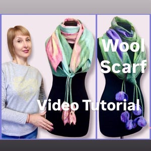 Video tutorial on wet felting a scarf, step by step tutorial on 3D wool flowers, felter’s guide on how to make a felted scarf with flowers