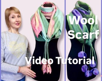 Video tutorial on wet felting a scarf, step by step tutorial on 3D wool flowers, felter’s guide on how to make a felted scarf with flowers