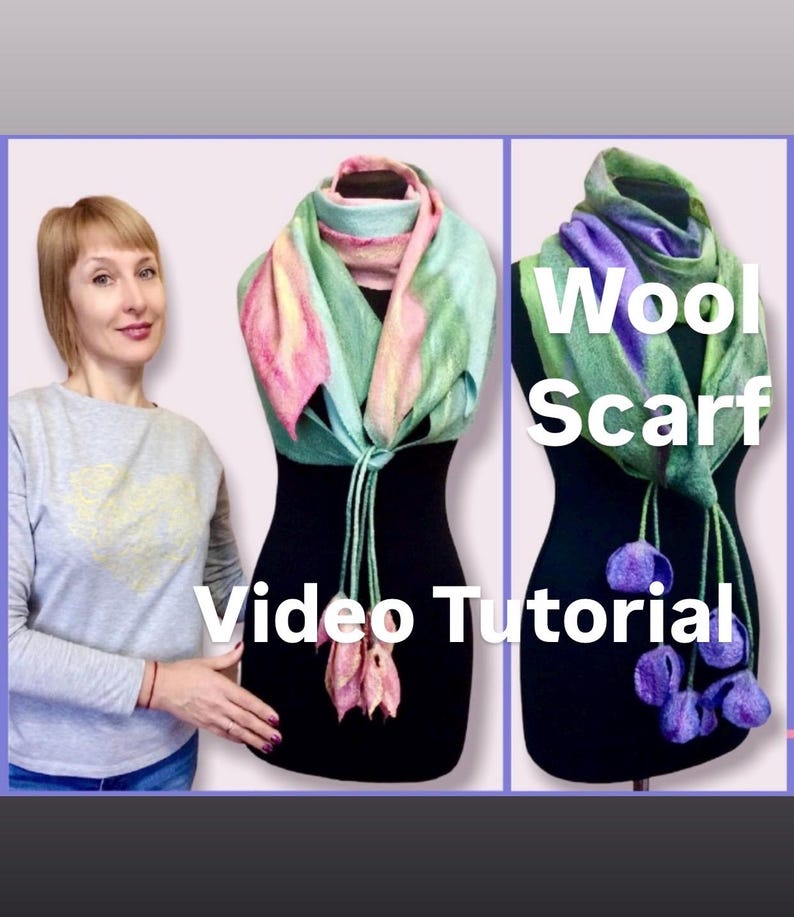 Video tutorial on wet felting a scarf, step by step tutorial on 3D wool flowers, felter’s guide on how to make a felted scarf with flowers image 1