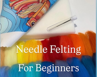 Needle Felting art wall kit ,Golden fish Needle felted picture kit ,Paint by numbers fiber ,Starter needle felting consumables