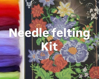 Needle Felting Kit Peonies,Wool pallet,Print fabric Wall art felting kit ,Unique felt tapestry kit for beginner,Wool fiber painting