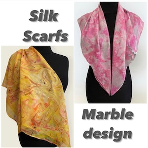 Ar- Deco silk scarf, thin yellow silk marbling scarf, silk scarf unique gift for daughter, Ebru luxury silk scarf, Large square silk scarf.