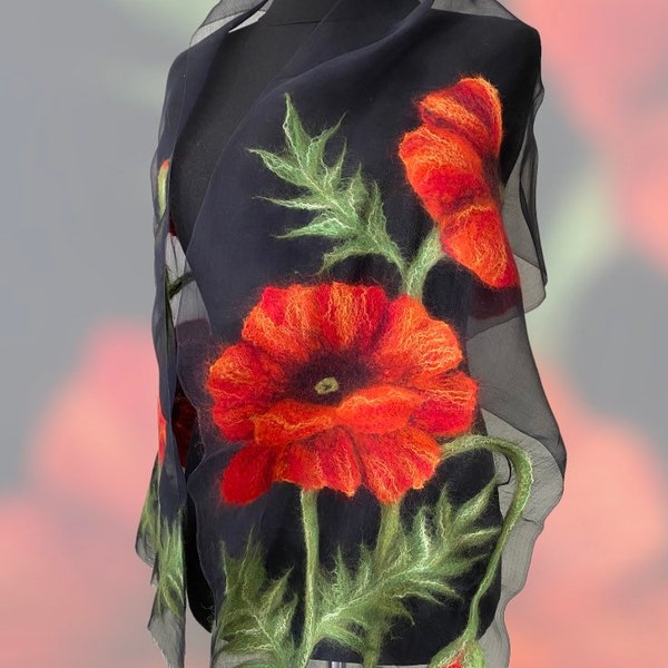 Silk felt scarf with red poppies, exclusive transparent silk shawl with red flowers pattern, ecofriendly black silk shawl gift for her