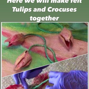 May include: Close-up of a felt craft project, showing two red felt tulips and a green felt stem. The image also shows a pair of hands wearing blue gloves, working on a felt crocus flower.