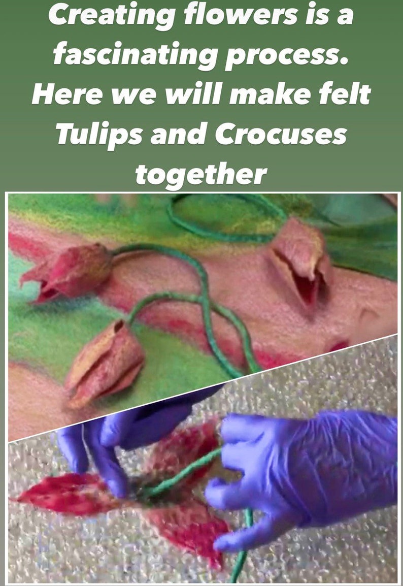 May include: Close-up of a felt craft project, showing two red felt tulips and a green felt stem. The image also shows a pair of hands wearing blue gloves, working on a felt crocus flower.