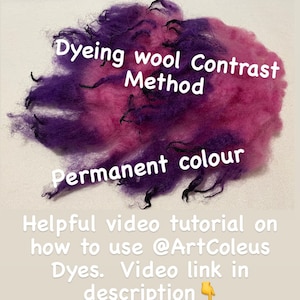 以下が含まれることがあります： 紫とピンクの羊毛繊維のクローズアップ。テキスト「Dyeing wool Contrast Method」と「Permanent colour」が表示されています。テキスト「Helpful video tutorial on how to use @ArtColeus Dyes. Video link in description」も表示されています。