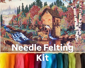 Needle felting kit Autumn landscape,Unique adult tapestry craft kit,Supplies for needle felting,Felt flower DIY kit for gift.