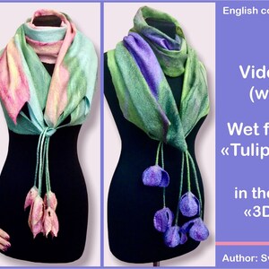 May include: Two wet felted scarves with 3D flower embellishments. One scarf is green, pink, and yellow, and the other is green, purple, and blue. The scarves are displayed on mannequins. The text "Wet felt scarves <<Tulips & Crocus>> in the technique <<3D Flowers>> Author: Svetlana Tymofyeyeva" is visible in the image.