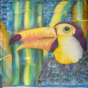 Square hand-painted silk scarf, Exotic pattern silk scarf, Yellow green silk scarf, Bird silk scarf, Women’s silk scarf luxury accessory.