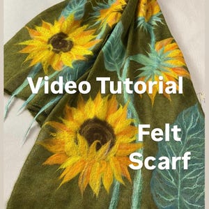 Video tutorial wet felting drawing Sunflowers, knitting and felting unusual woolen accessory, scarf decor step by step video master class
