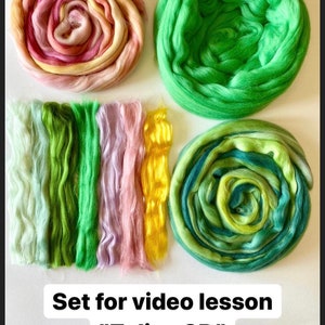May include: A set of colorful wool roving for felting, perfect for a video lesson on creating 3D tulips. The set includes a variety of colors, including green, pink, yellow, and blue. The set weighs 180 grams. "Set for video lesson "Tulips 3D" Set weight 180g."