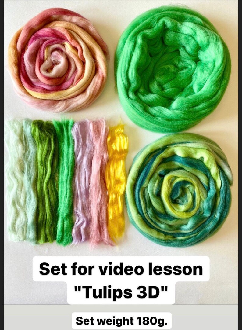 May include: A set of colorful wool roving for felting, perfect for a video lesson on creating 3D tulips. The set includes a variety of colors, including green, pink, yellow, and blue. The set weighs 180 grams. "Set for video lesson "Tulips 3D" Set weight 180g."
