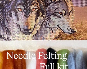Needle Felting Kit “Pair of Wolves”/DIY Wool Painting by Numbers/Full Needle Felting Set/Beginer Felting