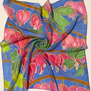 Feminine silk scarf, Pink floral silk scarf, Honestly hand painted scarf, Blue square silk scarf, Silk head scarf, Silk accessory for her