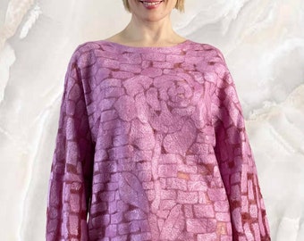 Pink long sleeve jumper,silk sweater with rose design,feminine slim wool sweater,cute felt woman jumper, womens summer silk jumper