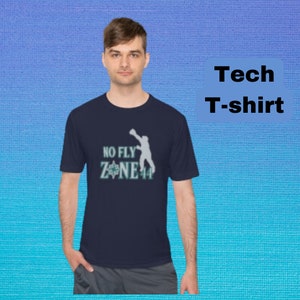 May include: A navy blue t-shirt with a graphic of a person playing baseball and the text "NO FLY ZONE 44".