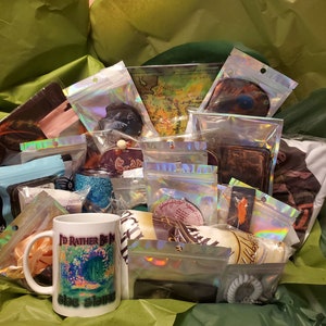 May include: A gift box filled with various items, including a white mug with the text "I'd Rather Be In The Shire", a map of Middle-earth, and a variety of other fantasy-themed items.