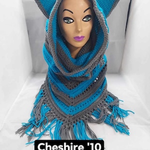 May include: A blue and gray crocheted cowl with cat ears and fringe. The cowl is on a mannequin head. The text "Cheshire '10" is visible below the cowl.