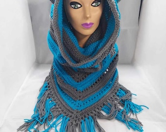 May include: A blue and gray crocheted cowl with cat ears and fringe. The cowl is on a mannequin head. The text "Cheshire '10" is visible below the cowl.