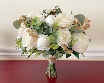 Ivory White & greenery bouquet, Wedding bouquet, bridal bouquet, bridesmaids bouquet, peony, wedding accessories, gold bouquet, corsages