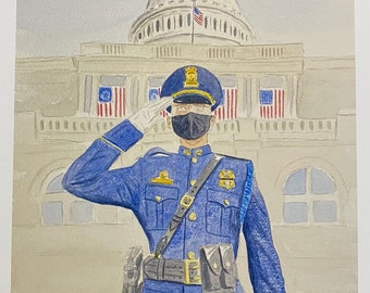 Capitol Police Officer “Self Portrait” Inauguration Day 2021. Print of WinstonWatercolors painting, 8x10