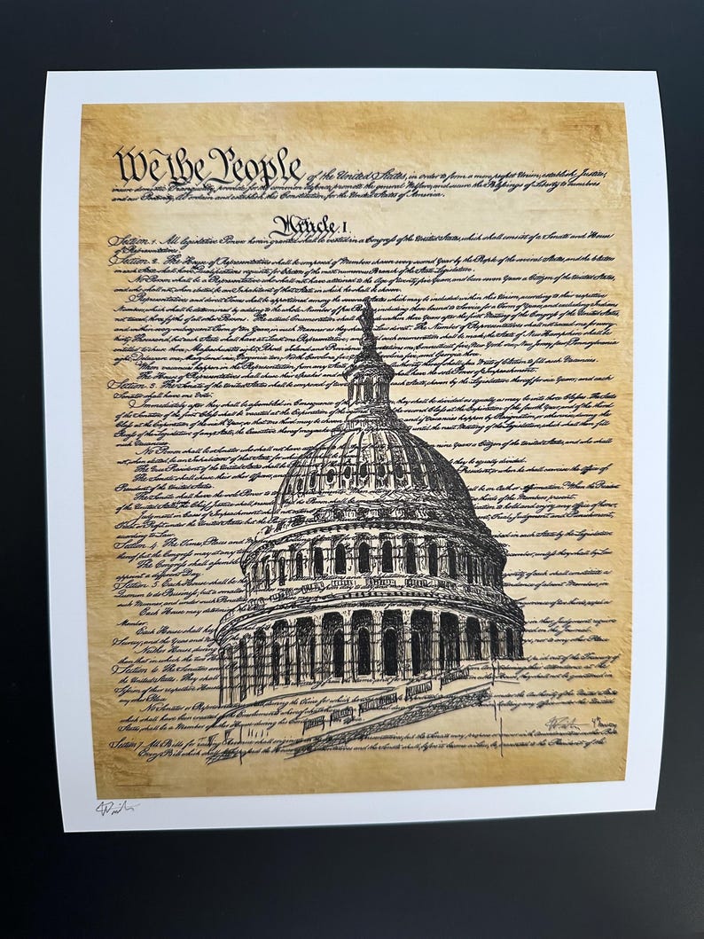 Print of Original Drawing, on Print of US Constitution. Print of ...