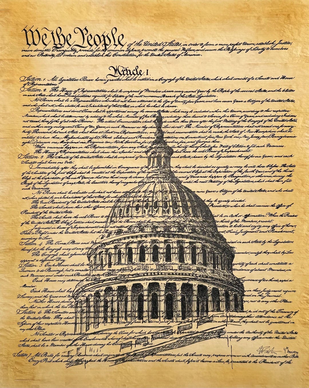 Print of Original Drawing, on Print of US Constitution. Print of ...