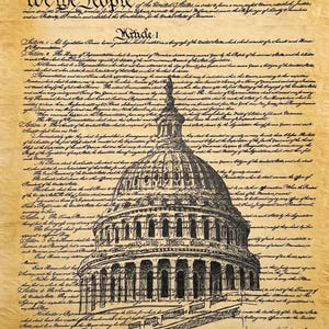 Print of Original Drawing, on Print of US Constitution. Print of ...