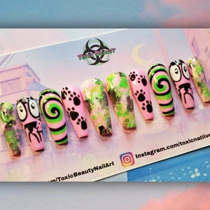 Pink/Green HandPainted Cartoon Theme Press On Nails