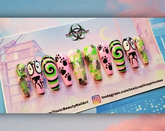 Pink/Green HandPainted Cartoon Theme Press On Nails