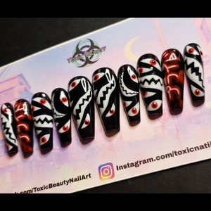 Awesome Handpainted/Red Neon/Anime/Manga Inspired Press On Nails