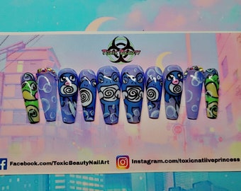 Kawaii blue handpainted cartoon inspired press on nails