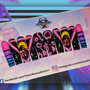 Handgeschilderd neon jaren 80/retro thema pers op nagels