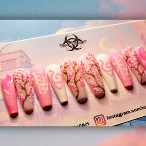 Handpainted Cherry Blossom Anime Inspired Press On Nails