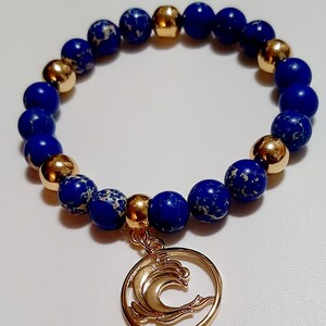 Blue Sea Sediment Jasper Stretch Bracelet, Blue Jasper Crystal Bracelet with Ocean Charm, Ocean Bracelet, under the sea bracelet.