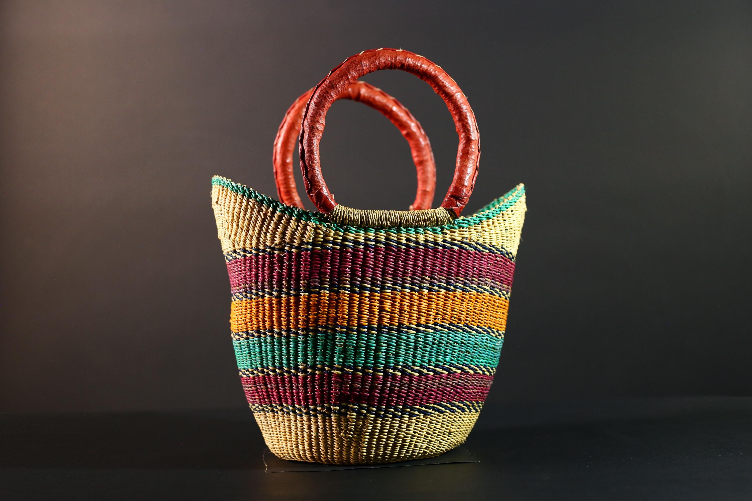 Large Bolga Round Basket 30 X 30 Cm - Original From Ghana - Handmade - Fair Trade - Shopping Basket With Leather Handle Purple