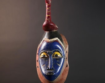 手彫りのバウレマスク：アフリカの部族芸術、青い顔の鳥の彫刻-G5669