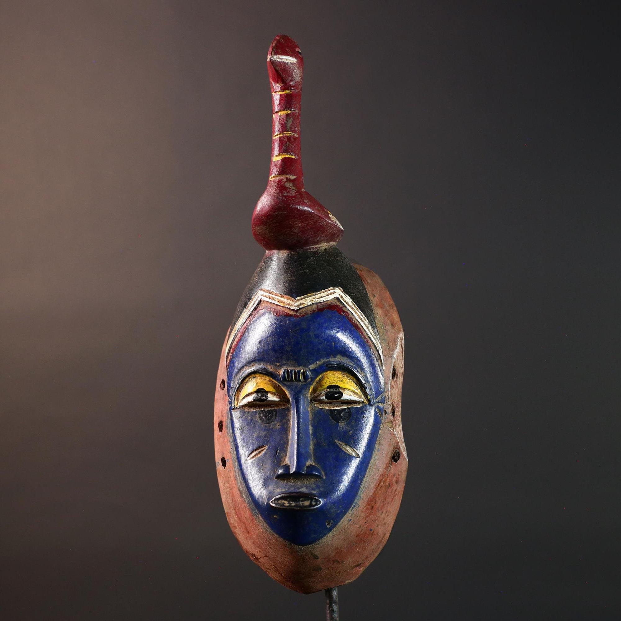 手彫りのバウレマスク：アフリカの部族芸術、青い顔の鳥の彫刻-G5669