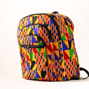 Sac à dos à imprimé kente, sac d'école africain fait main avec tissu géométrique coloré, accessoire de voyage tribal originaire du Ghana, style ethnique-G4249