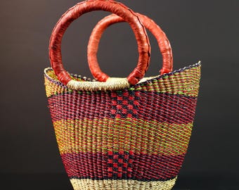 Handwoven Bolga Market Situs Judi Slot Online Gacor: Red Leather Handle, Ghana Straw Tote-G5636