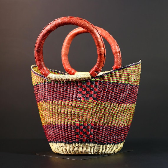Handwoven Bolga Market Basket: Red Leather Handle, Ghana Straw Tote-G5636