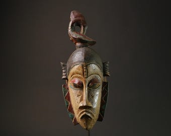 Máscara tribal africana Guro: cresta de pájaro de madera tallada, decoración de África Occidental - G2694