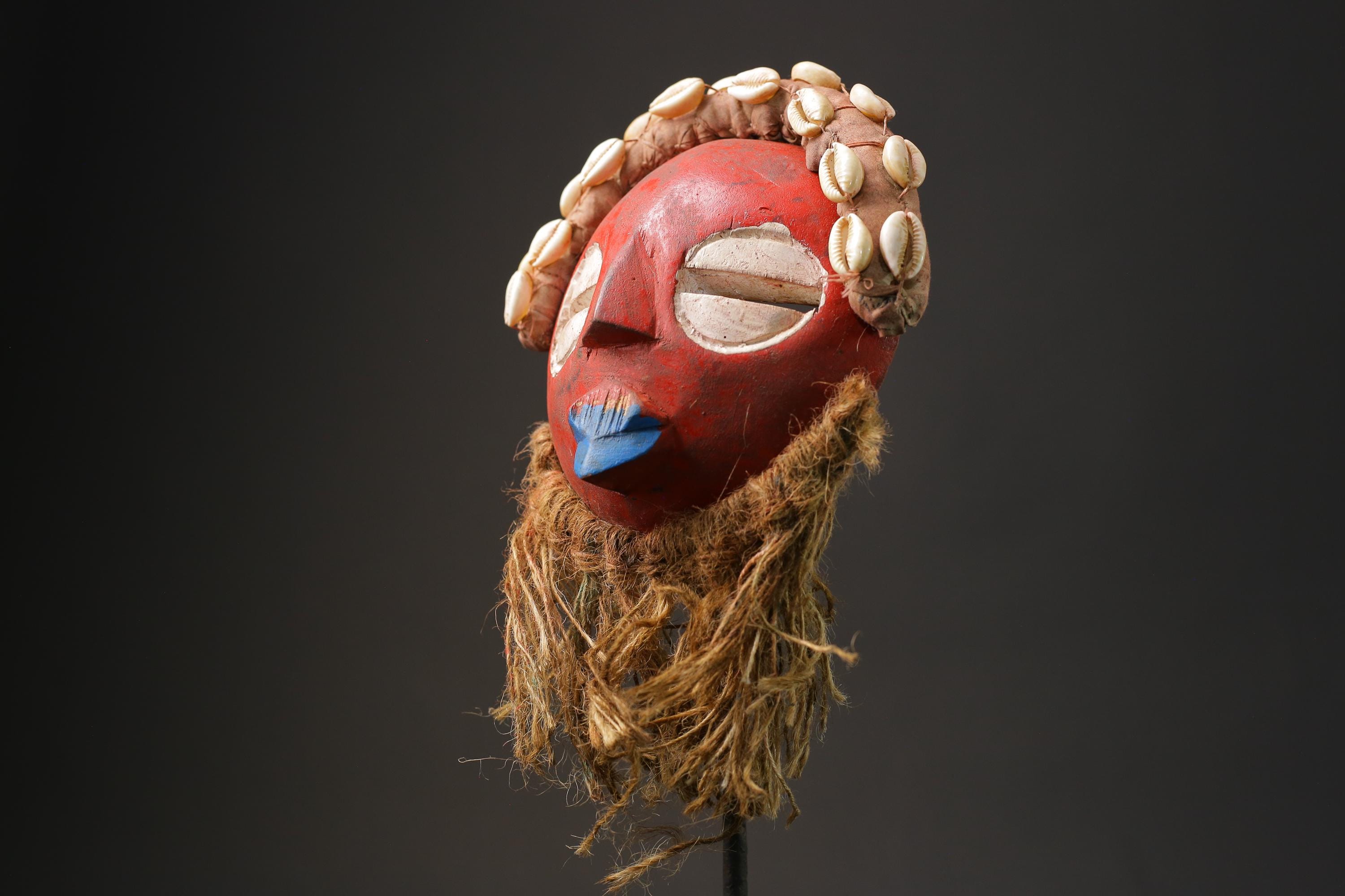 African Red Tribal Mask With Cowrie Shells: Hand-carved Ethnic Wall Art ...