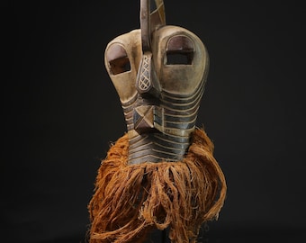 African Songye tribal mask with raffia beard hand-carved wood face art ceremonial wall decor Congo ethnic collectible sculpture-G2157
