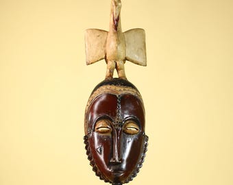 Máscara africana de Guro con cresta de pájaro, tallada a mano, arte tribal de madera, exhibición de pared - G6059