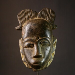 African tribal mask Baule wall art carved wood sculpture cultural heritage figure dark tone decor traditional handmade object-G1808